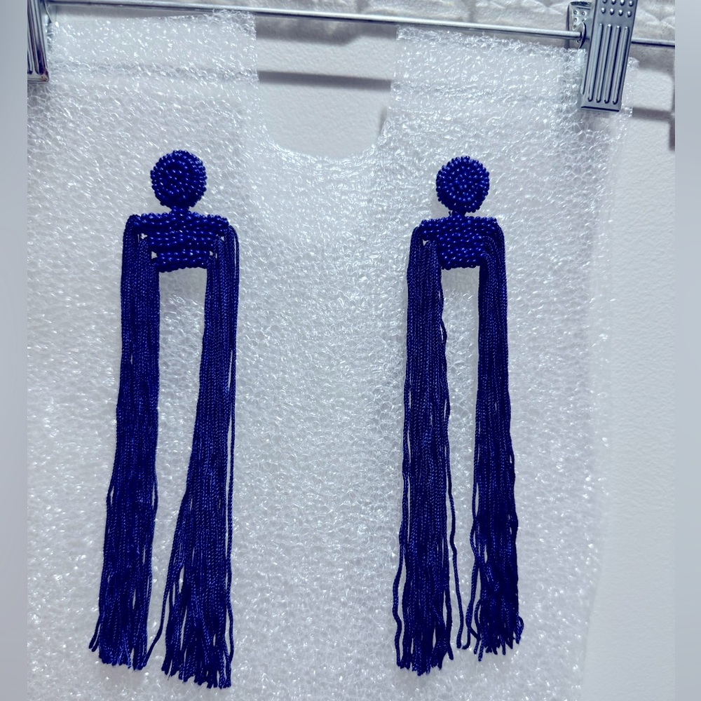 Blue long tassel earrings